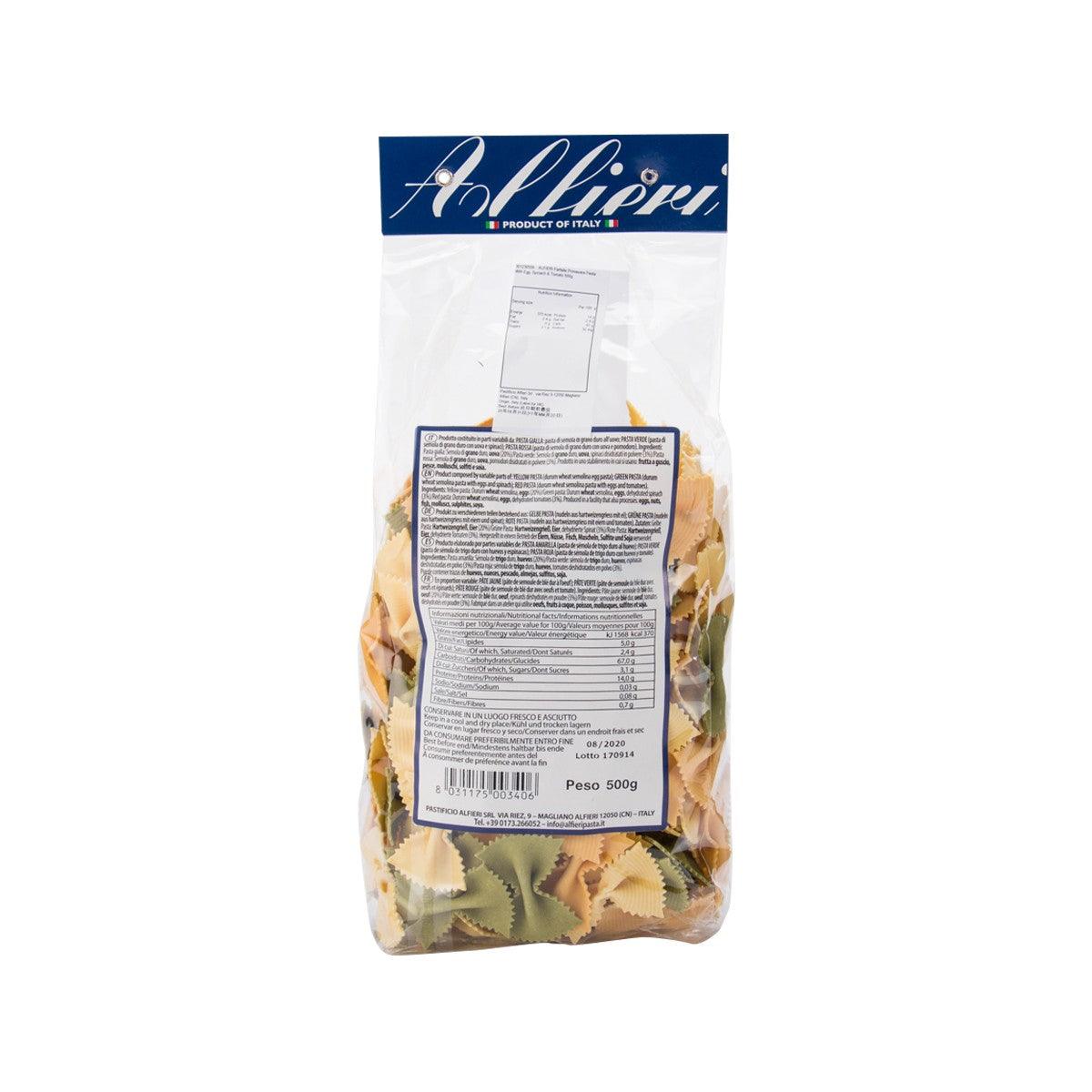 ALFIERI tri-color farfalle pasta bag, back label visible, assorted orange green pink