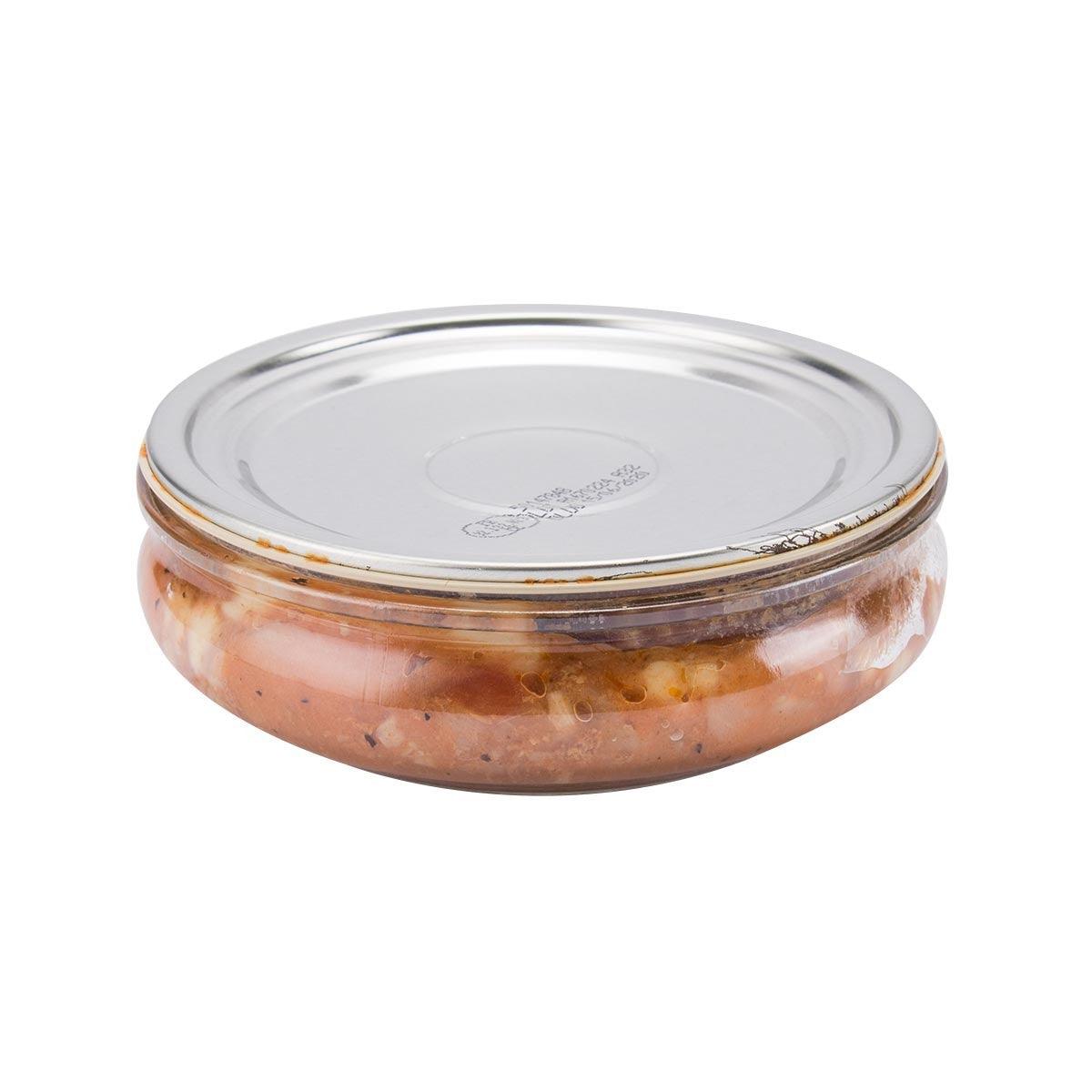 Jar of ravioli with duck confit in bolognese sauce