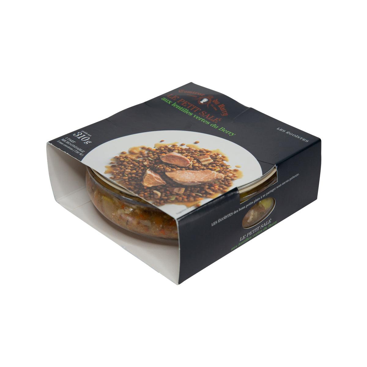 Smoked loin with berry green lentils ready meal box with top window showing the dish