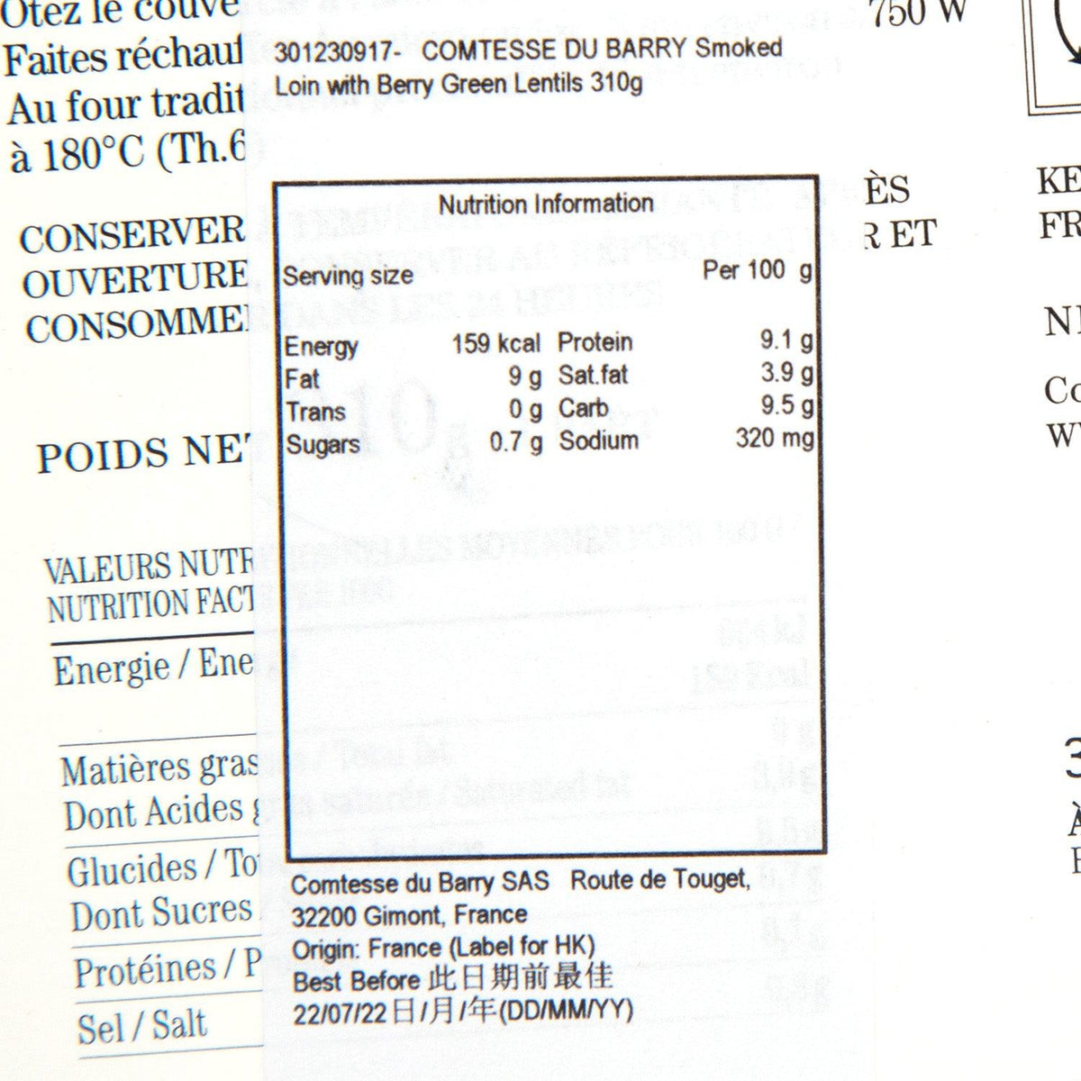 Nutrition label for COMTESSE DU BARRY smoked loin with berry green lentils per 100 g