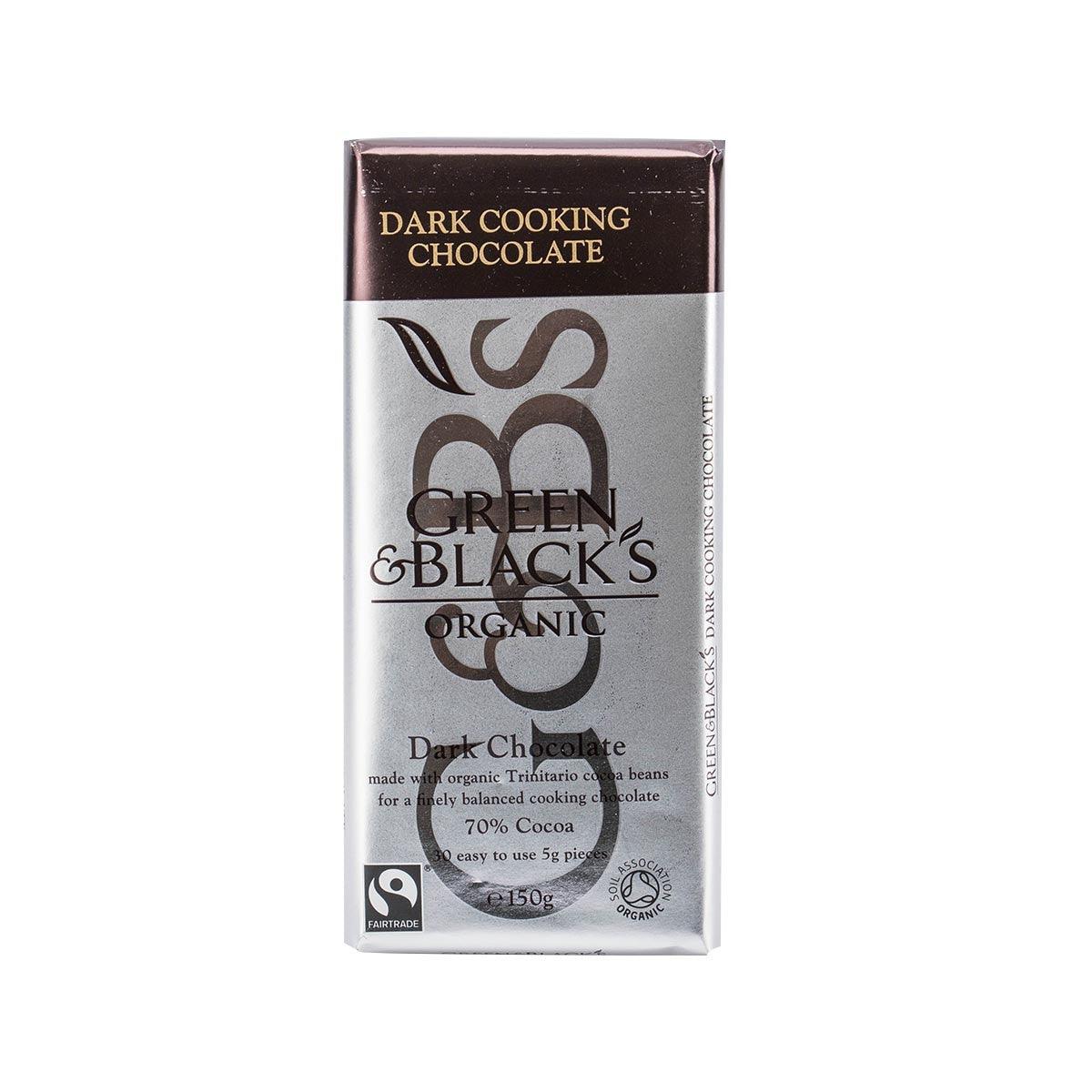 Organic dark cooking chocolate pouch with GREEN & BLACK'S branding, dark brown wrapper
