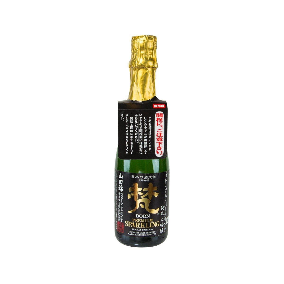 Sparkling nama beverage bottle, green glass with gold foil cap, 375 mL