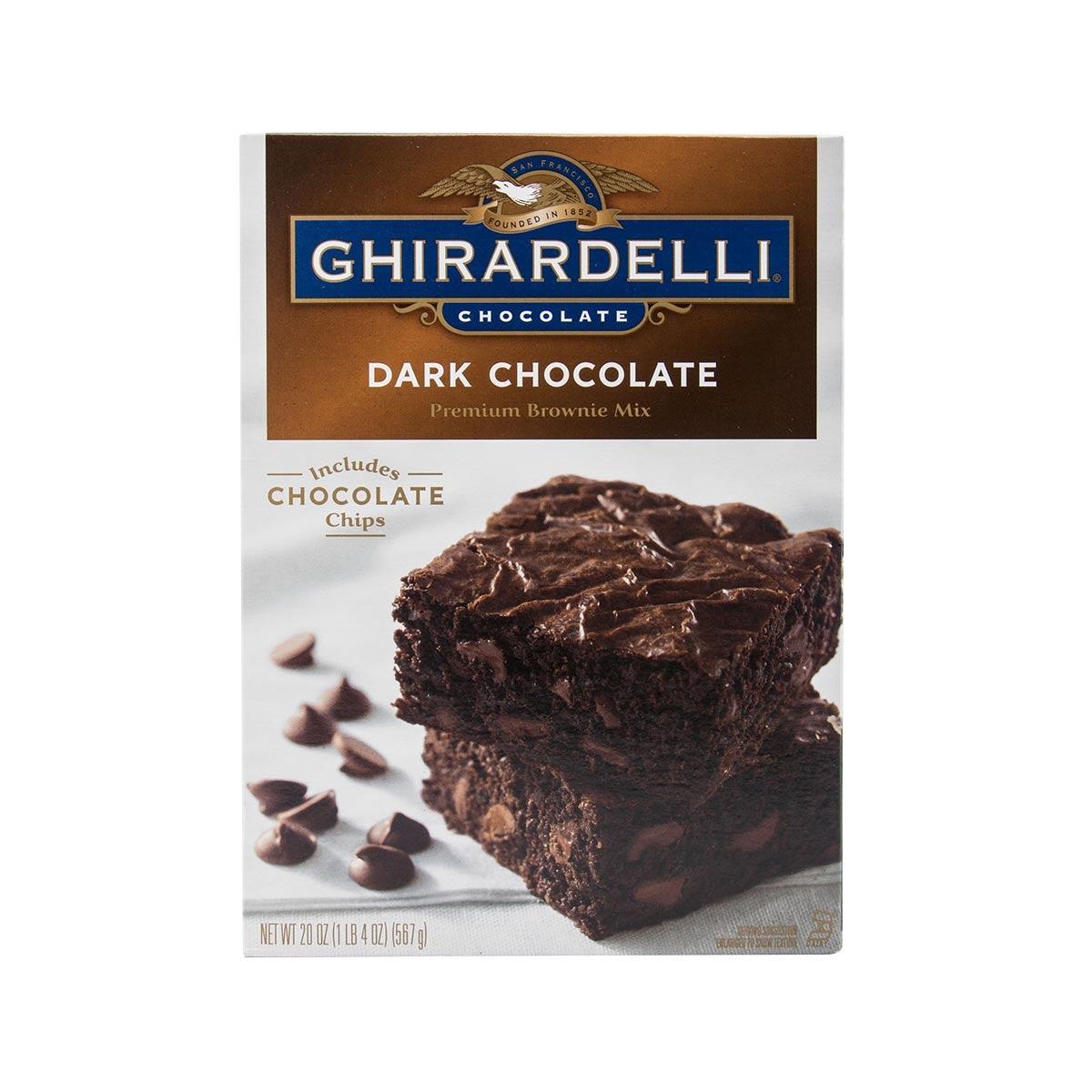 Brownie mix box, Ghirardelli dark chocolate premium brownie mix with chocolate chips