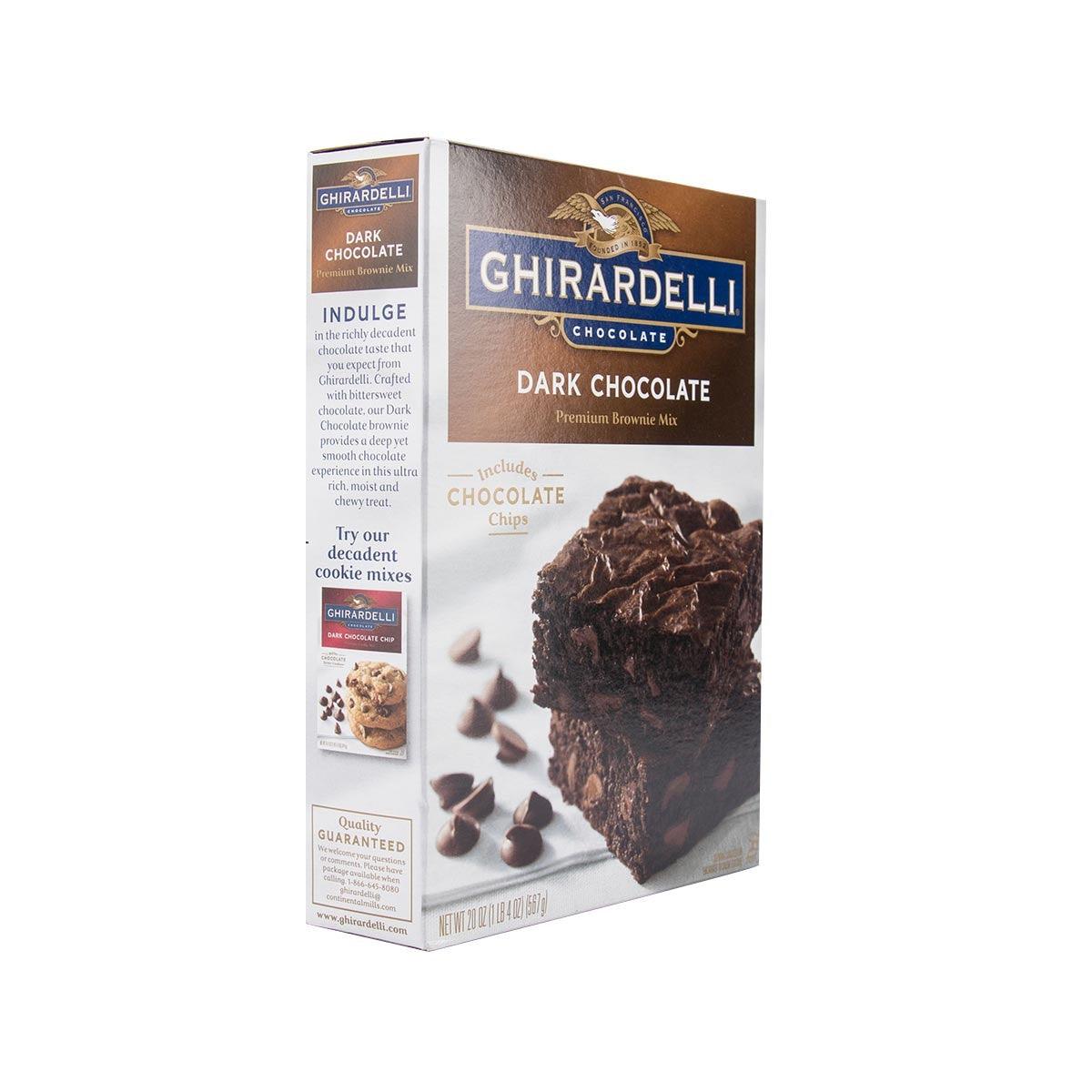 Brownie mix box, Ghirardelli dark chocolate premium brownie mix, angled view