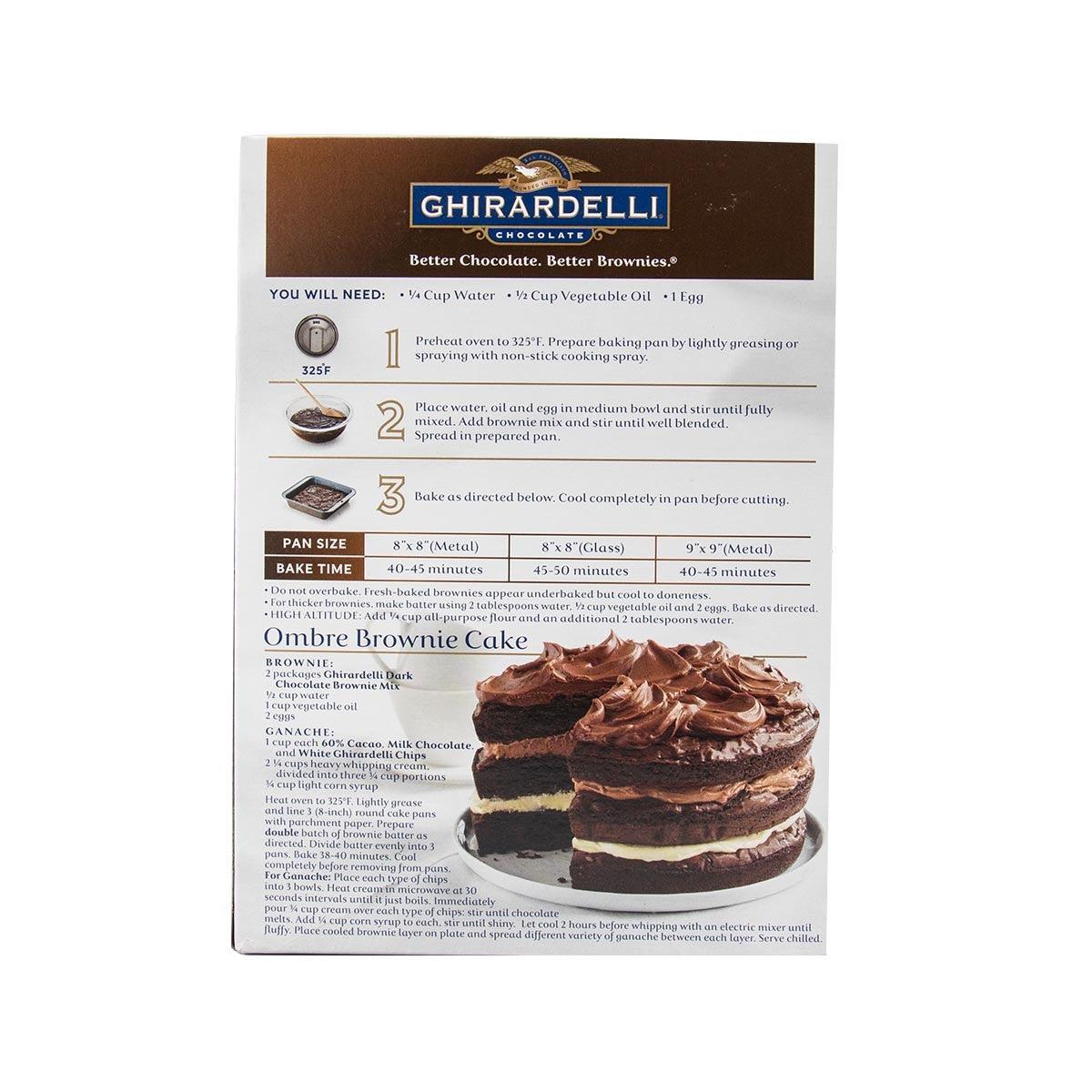 Brownie mix box back, dark chocolate baking instructions and cake illustration