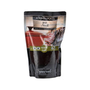 ATKINS & POTTS beef stock pouch, stand-up black bag with red label, 350g