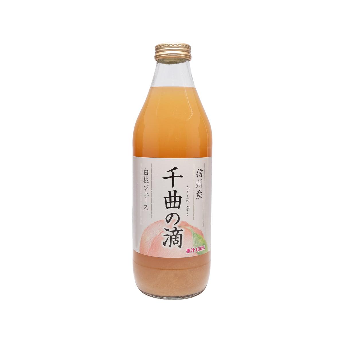 Peach juice bottle (1000 mL) with gold cap, clear glass, amber drink, front label