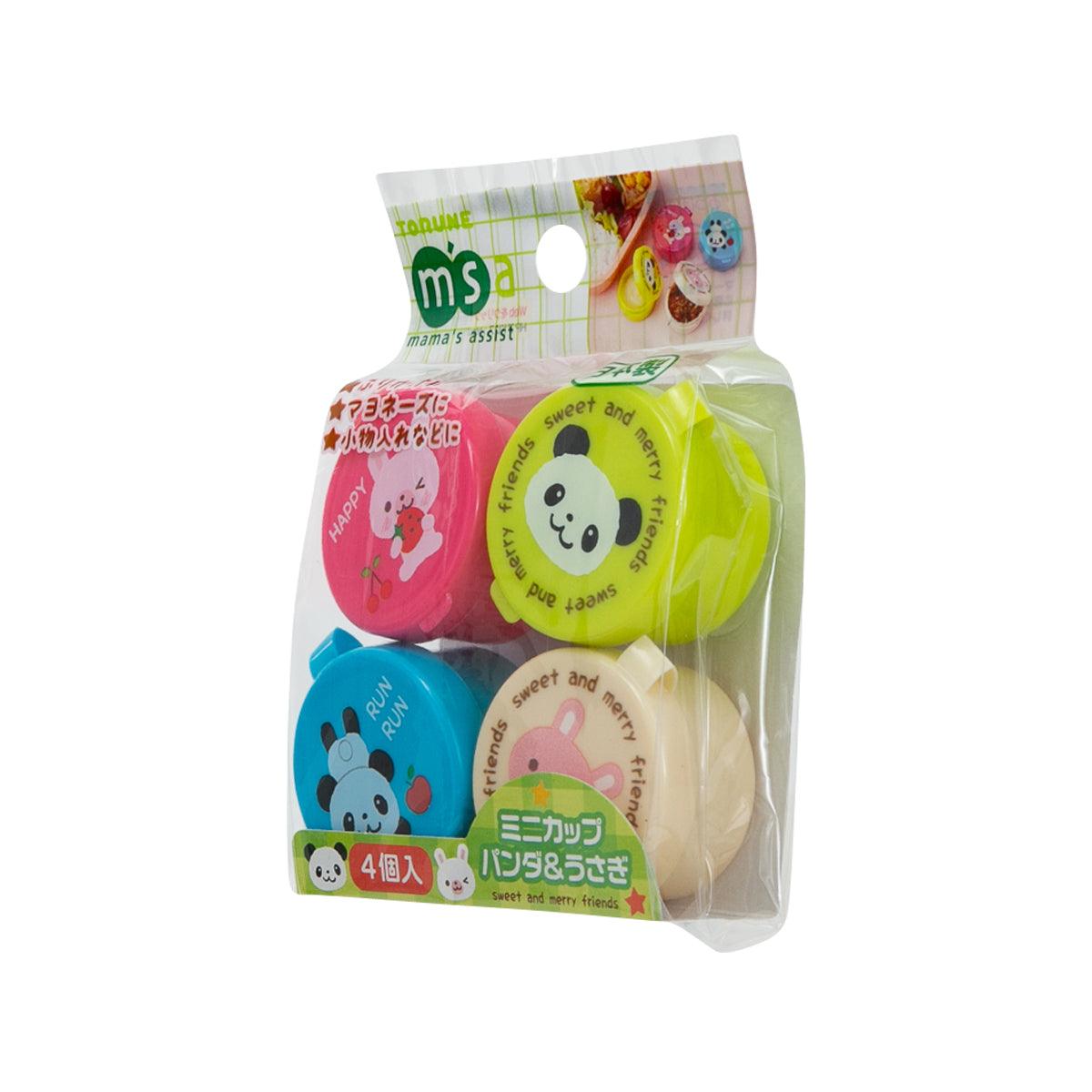 Four mini food cups with panda graphics and colored lids, sealed retail pouch