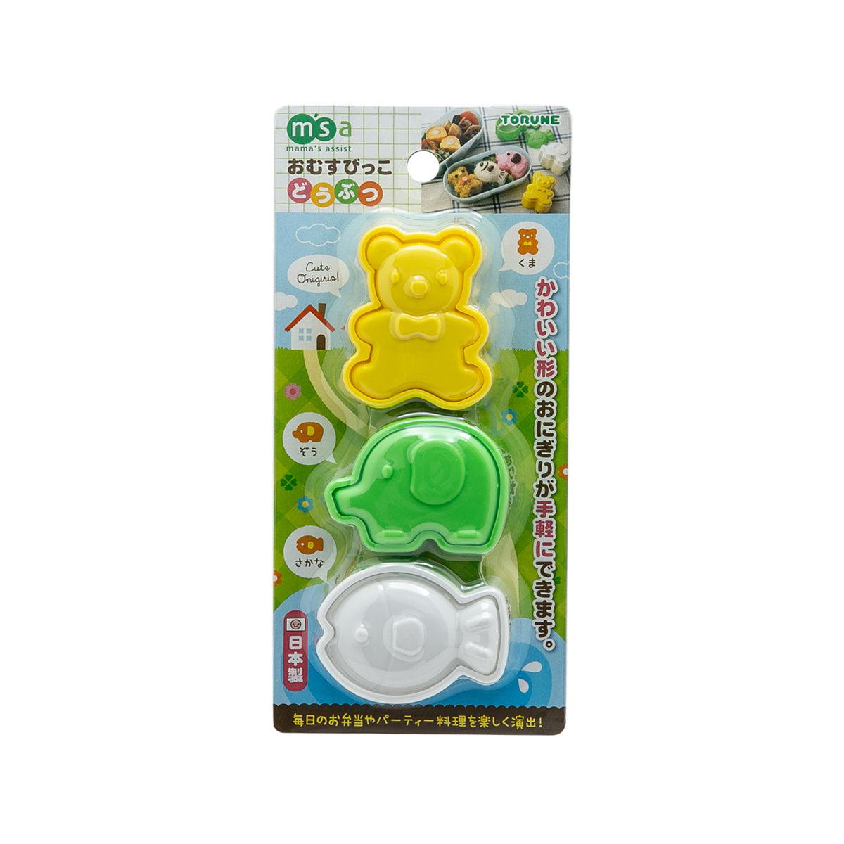 Rice mould set packaging with three character-shaped molds in yellow, green, and white