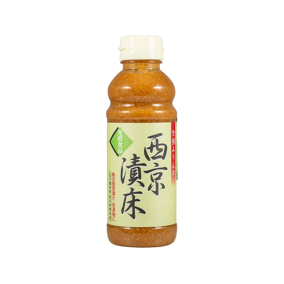 Bottle of Saikyo miso marinade sauce, clear cap, brown sauce, front label