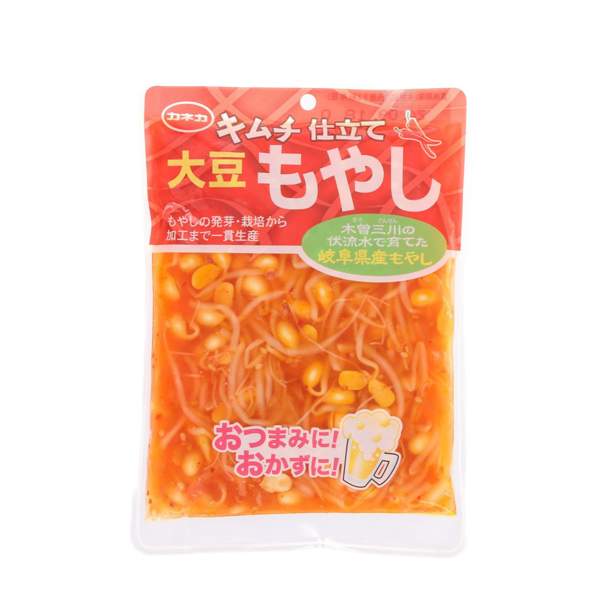 Kimchi-flavored seasoned bean sprouts in orange plastic pouch with label front