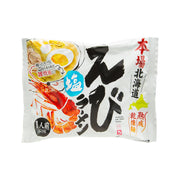 Ramen noodle soup packet, shrimp & salt flavor, white foil bag with bold graphics