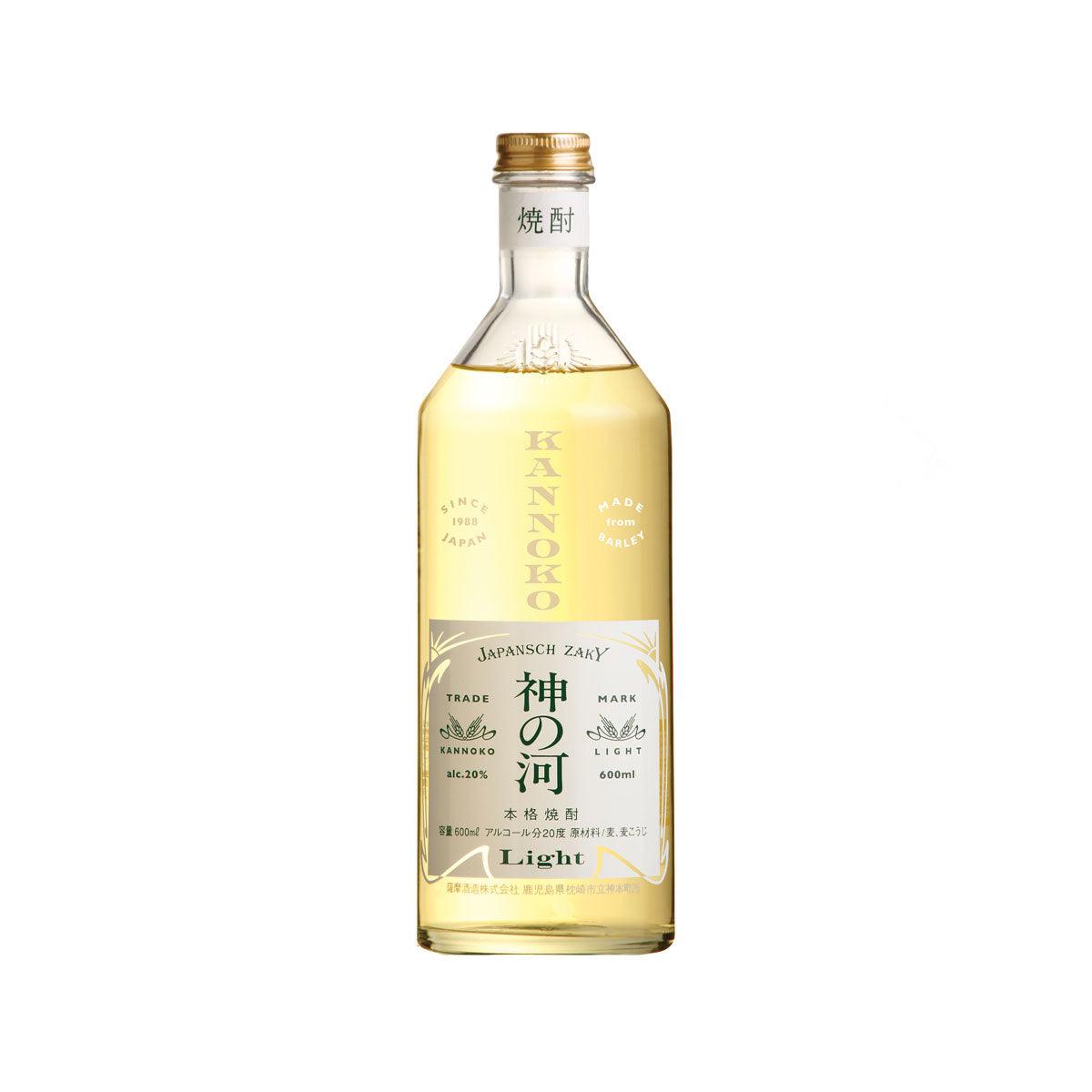 SATSUMA Kannnoko light barley shochu bottle, clear amber liquid, gold label, 600 mL
