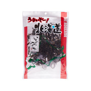 Squid ink snack bag with dark shredded seaweed, red and white package front