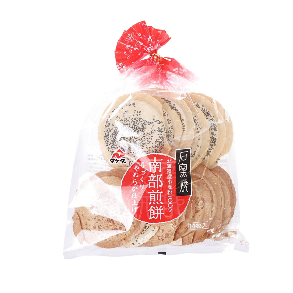 Packaged grilled wheat crackers with peanut and sesame, 14 pieces, in clear bag.