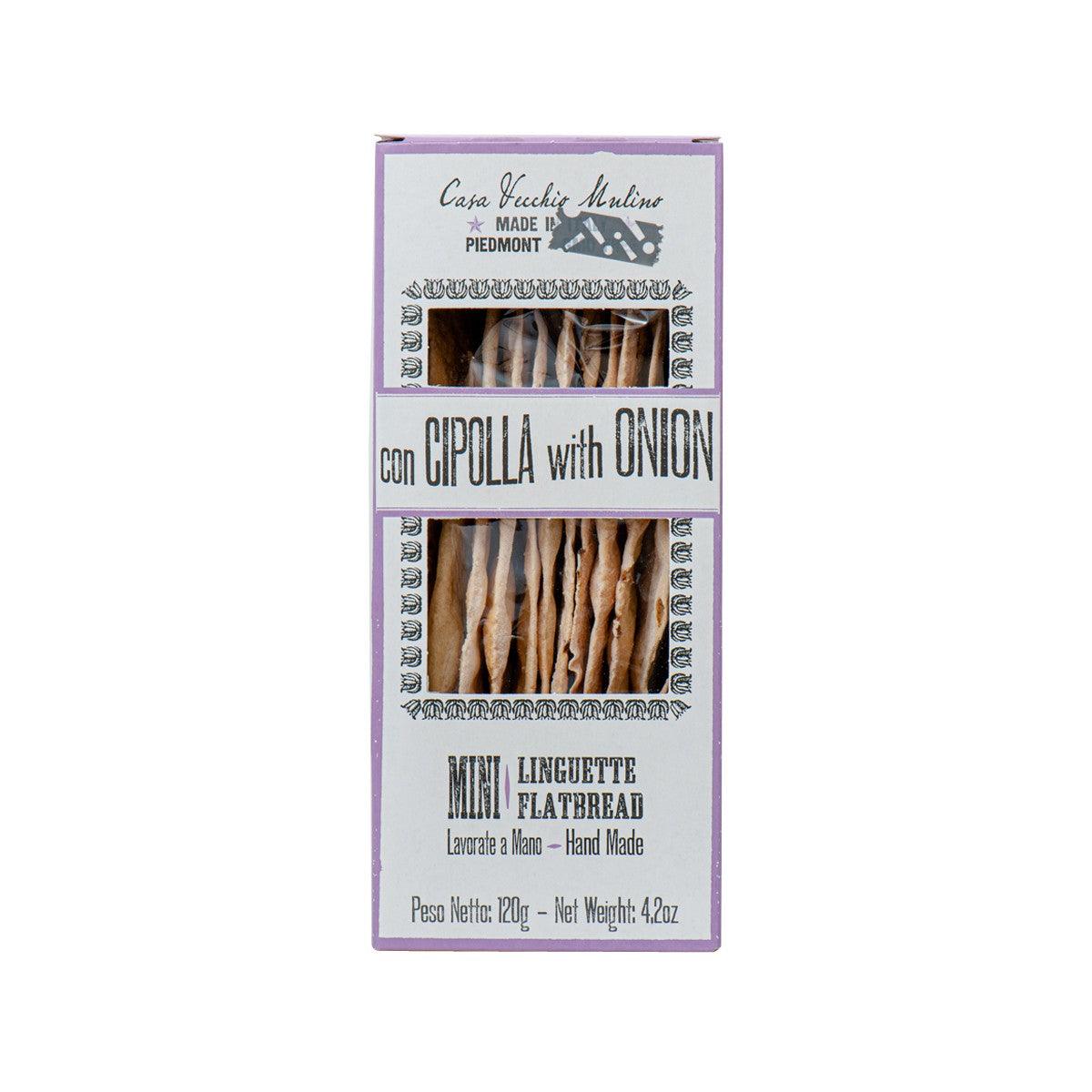 Mini linguette flatbread box with onion flavor, front view