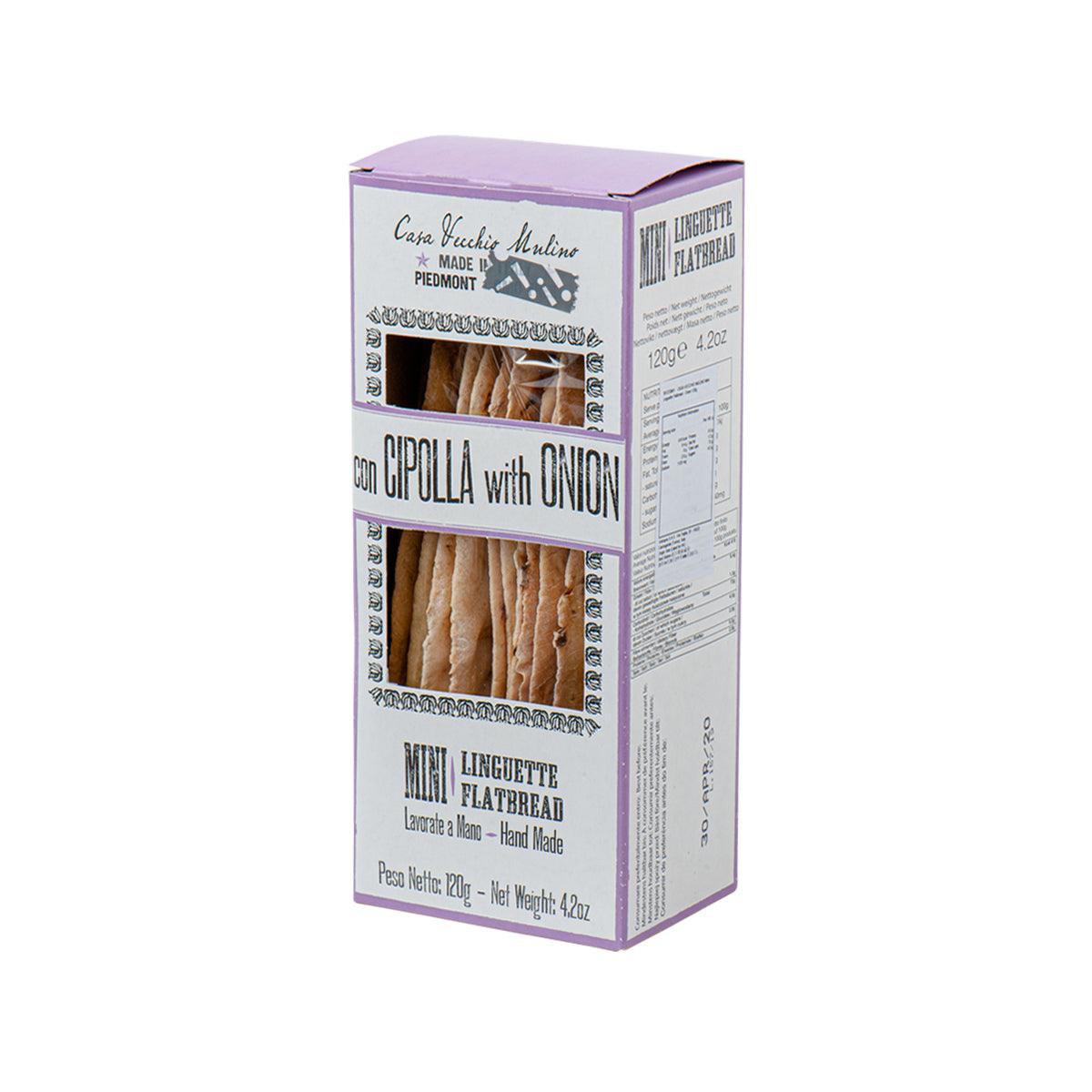 Mini linguette flatbread box, side view with onion flavor