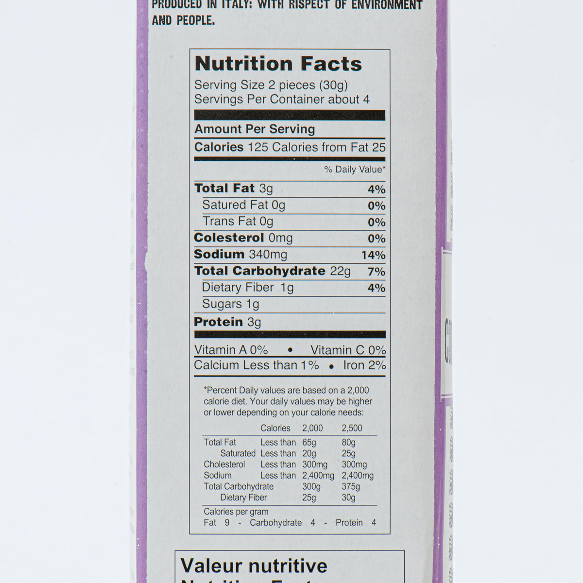 Nutrition facts panel on mini linguette flatbread box