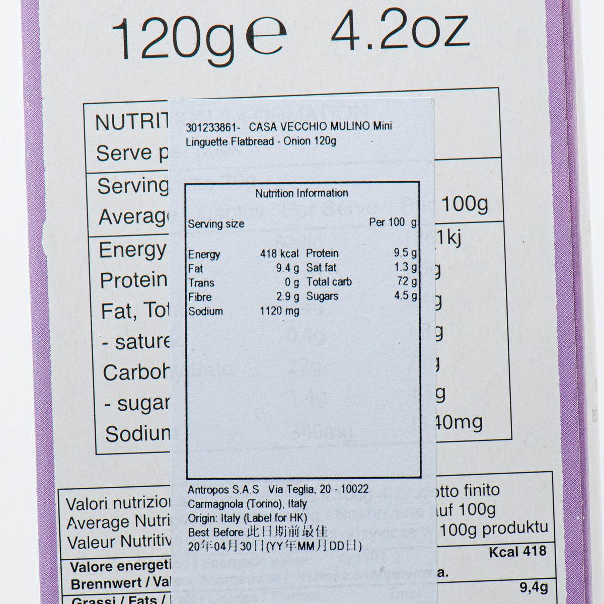 Nutrition information table on mini linguette flatbread box