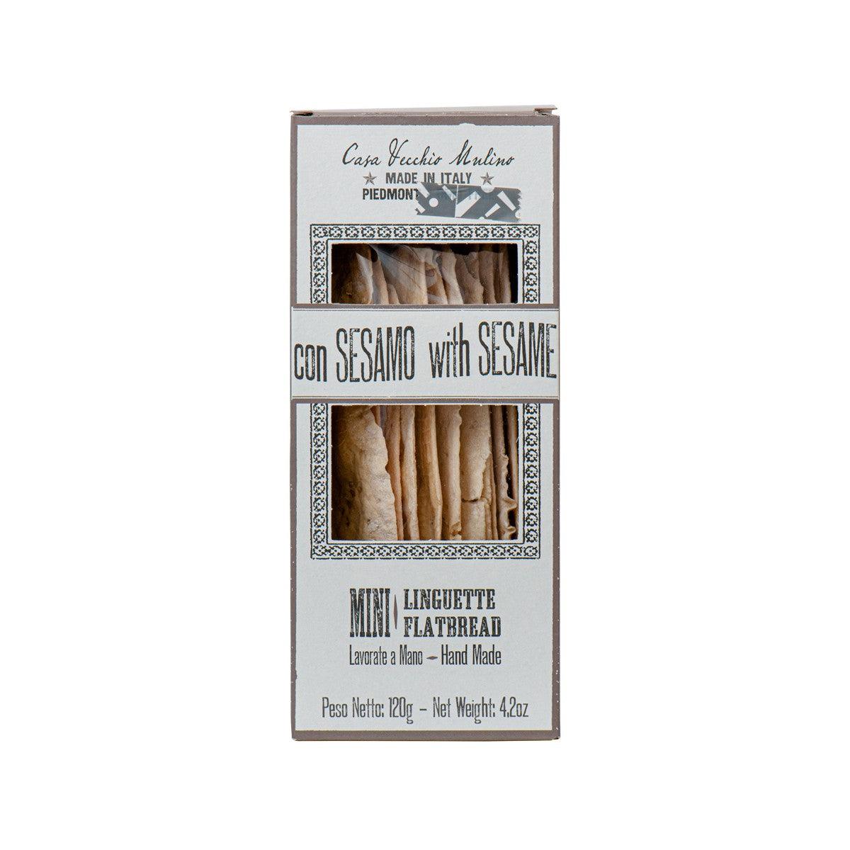 Mini sesame linguette flatbread in box packaging