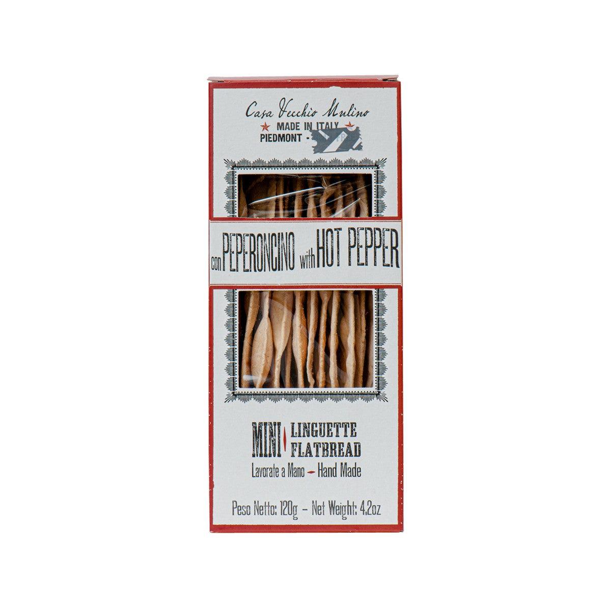 Hot pepper mini linguette flatbread box with window, red front label, 120g