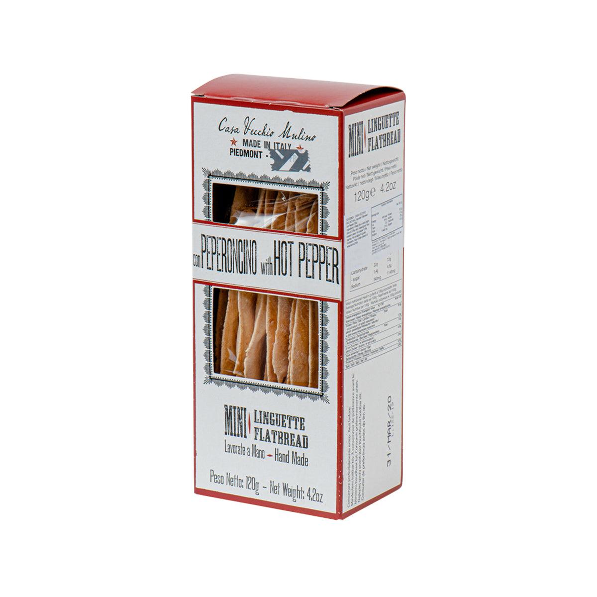 Hot pepper mini linguette flatbread box side panel with window and nutrition text, 120g