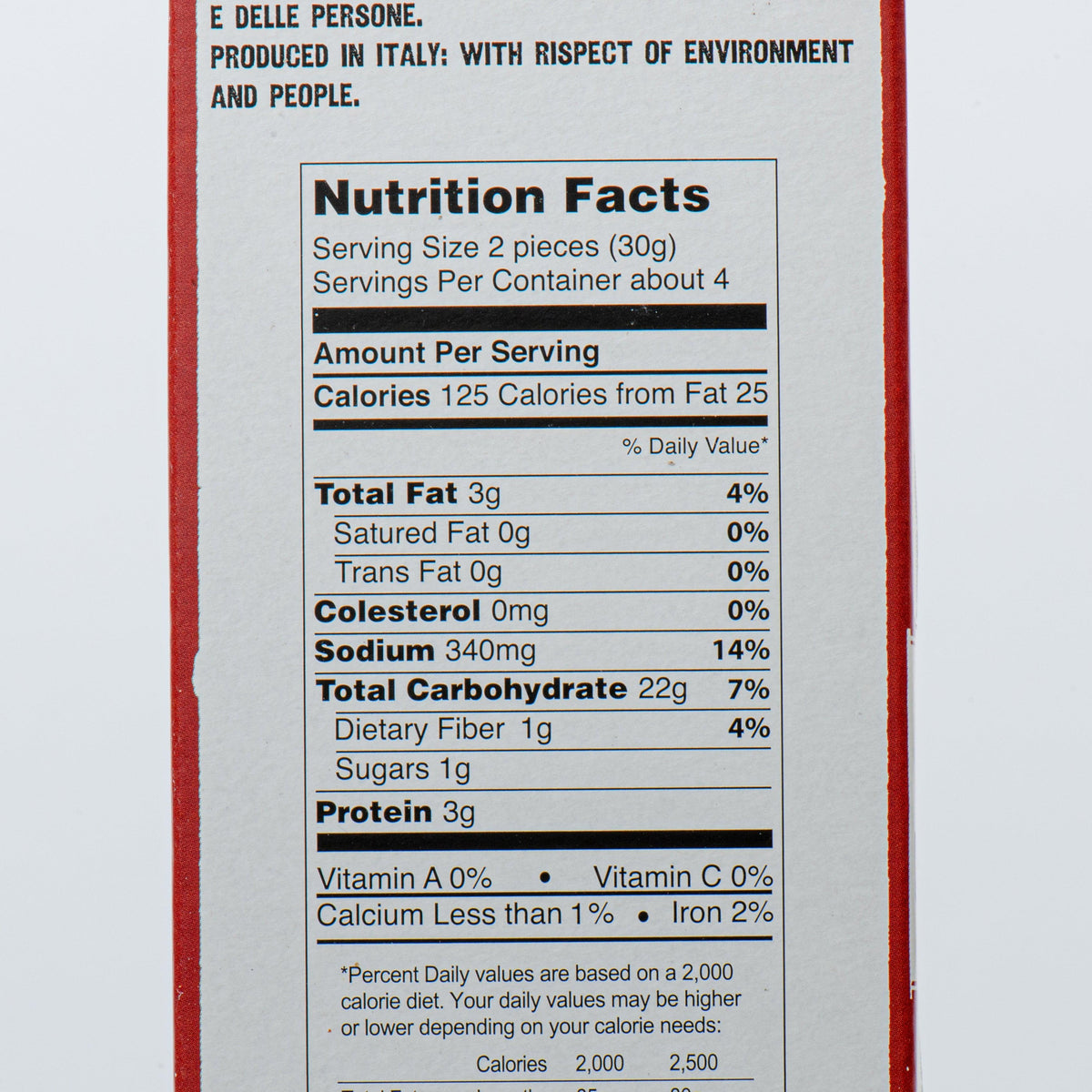 Nutrition Facts panel for mini linguette flatbread, serving size 2 pieces (30g)
