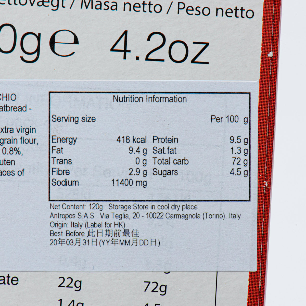 Nutrition information table on mini linguette flatbread box, 4.2oz (120g)