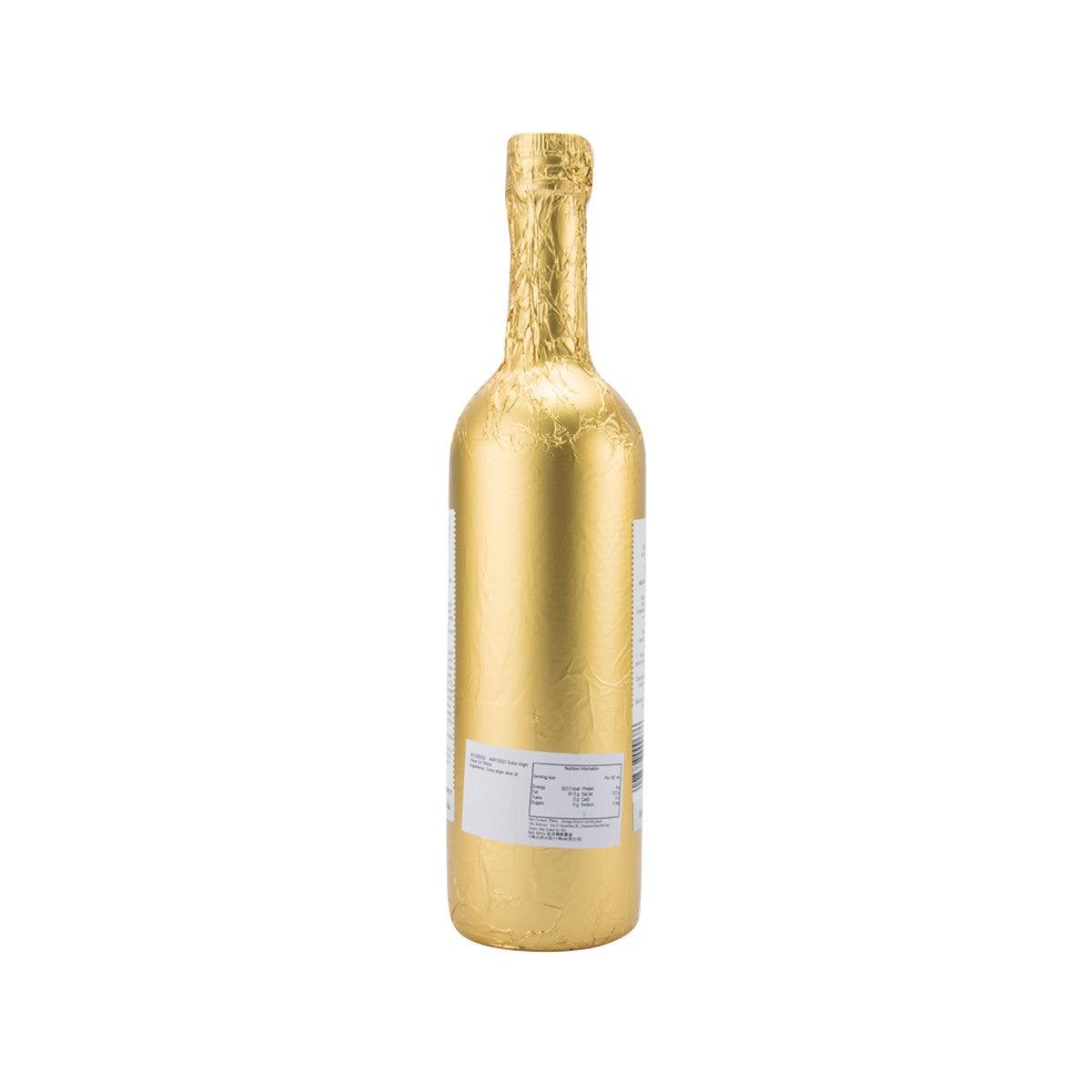 ANFOSSO extra virgin olive oil bottle, back label on golden glass, cork top