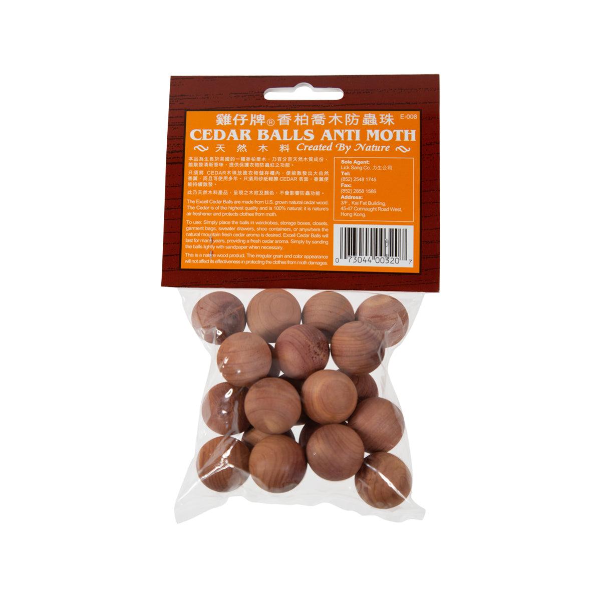 Cedar wood moth-repellent balls in clear bag with rear label, brown round pieces
