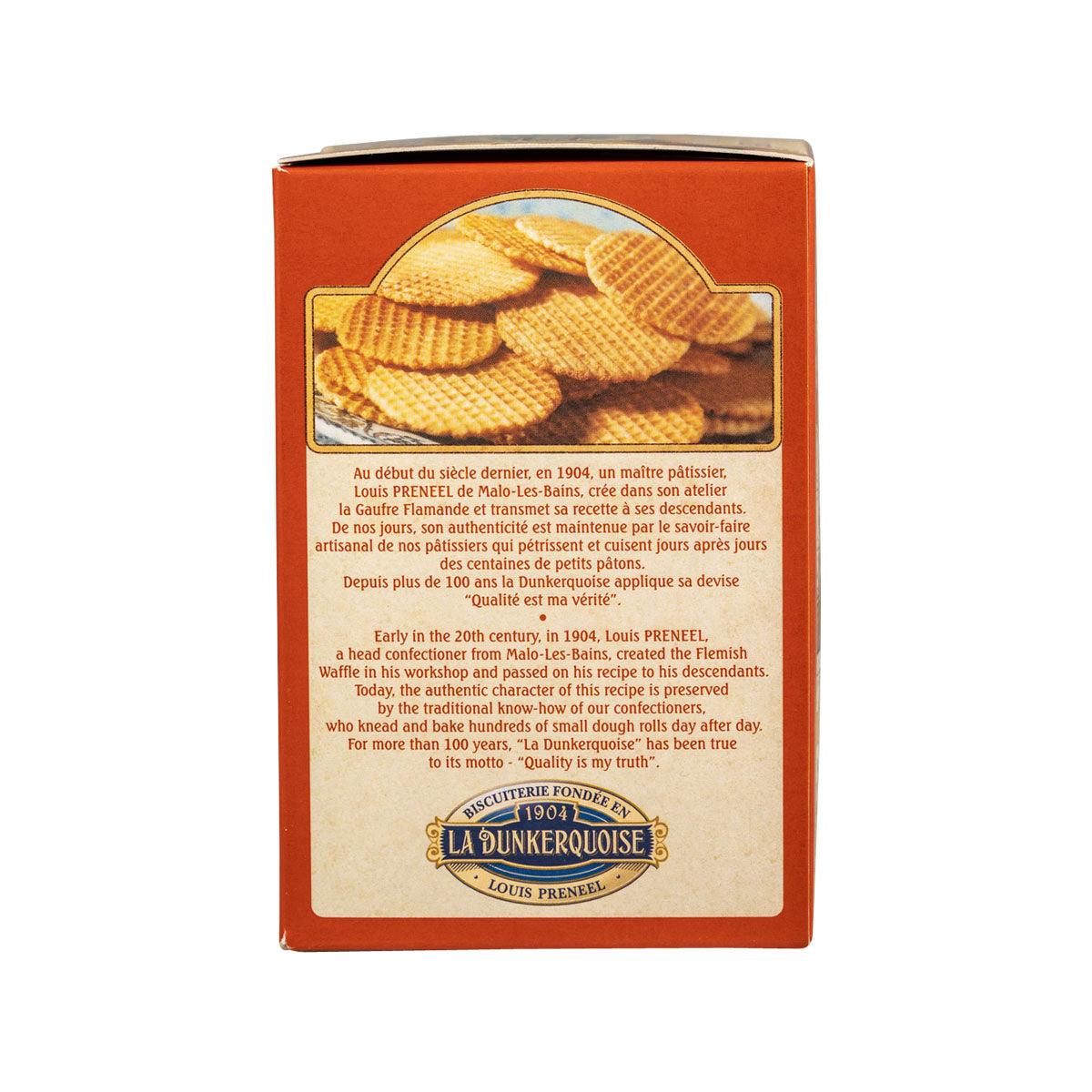 LA DUNKERQUOISE caramel waffles box back with waffle image and brand logo