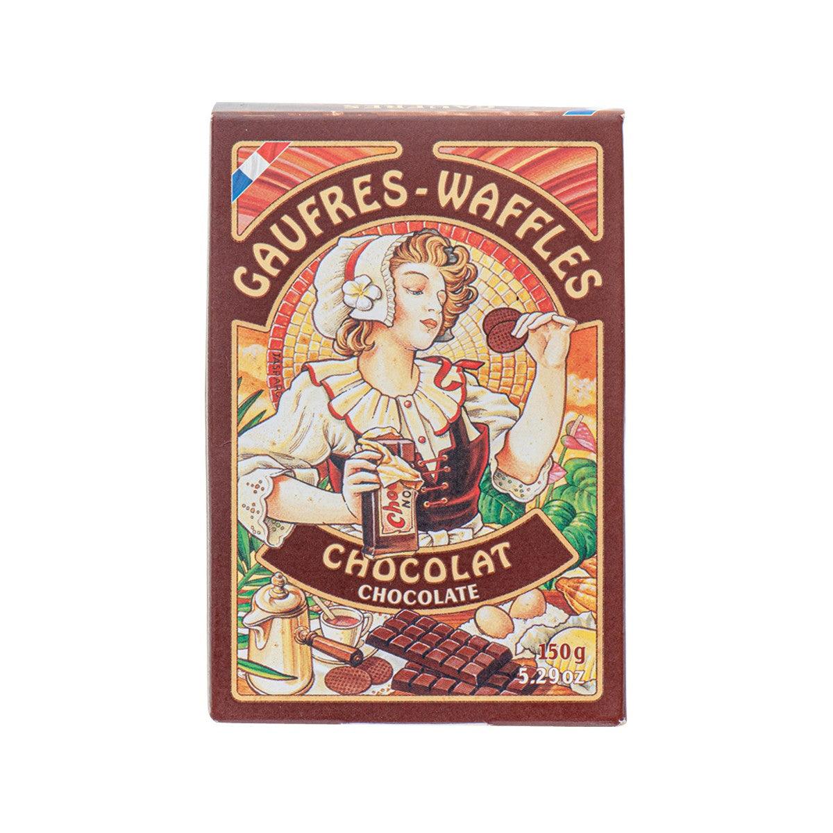 Chocolate waffle box with vintage woman illustration, dark brown and red label