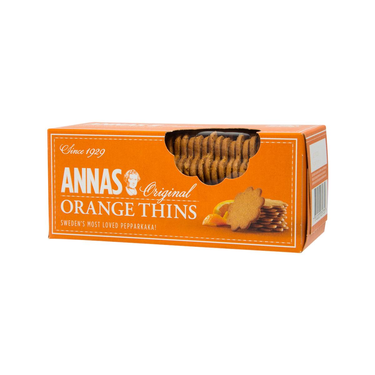 Orange thins cracker box side view with top window and orange packaging