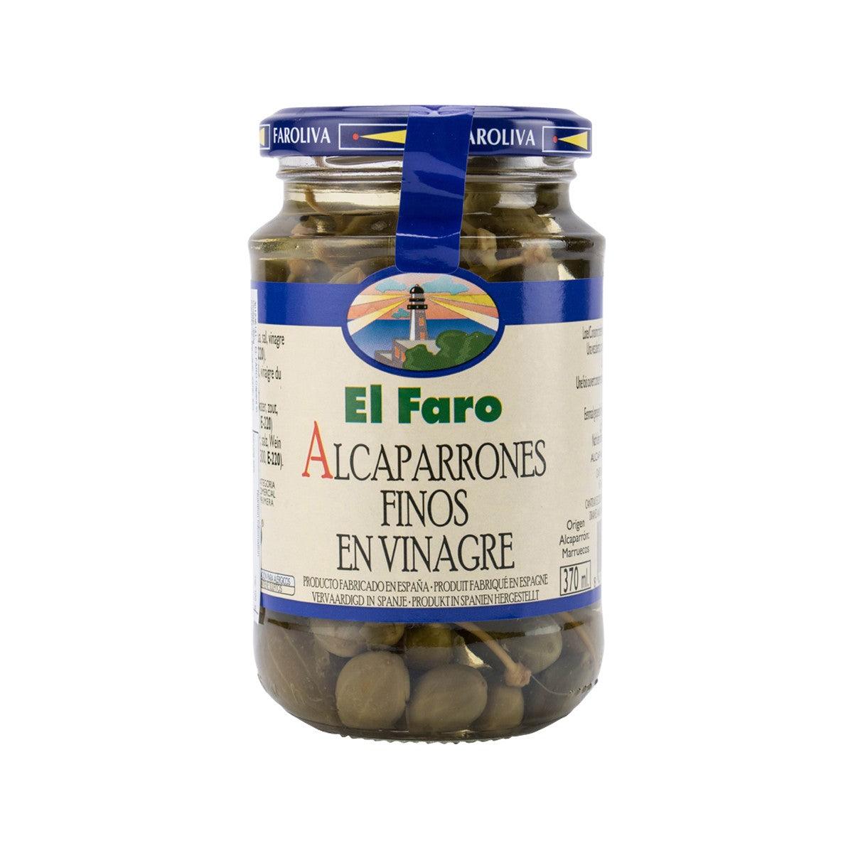 Jar of capers in vinegar with blue label, green capers in clear glass