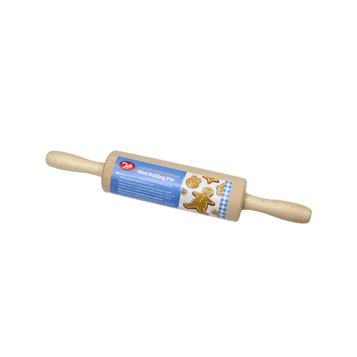 TALA mini rolling pin, light wood handles and blue label, 23 cm