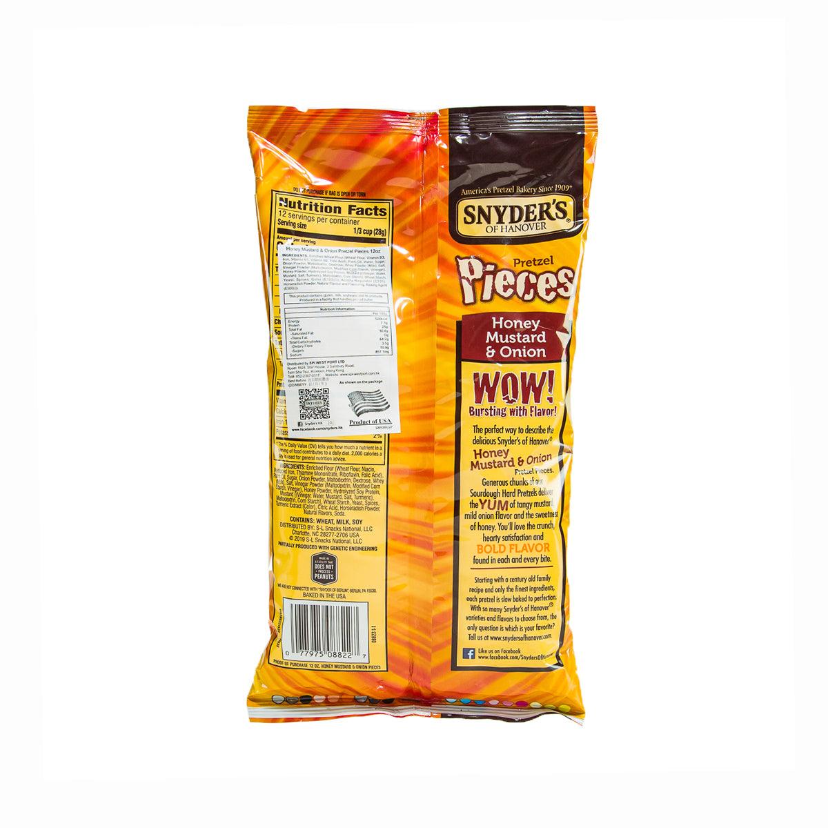 SNYDER'S pretzel pieces bag back with Nutrition Facts panel and ingredients