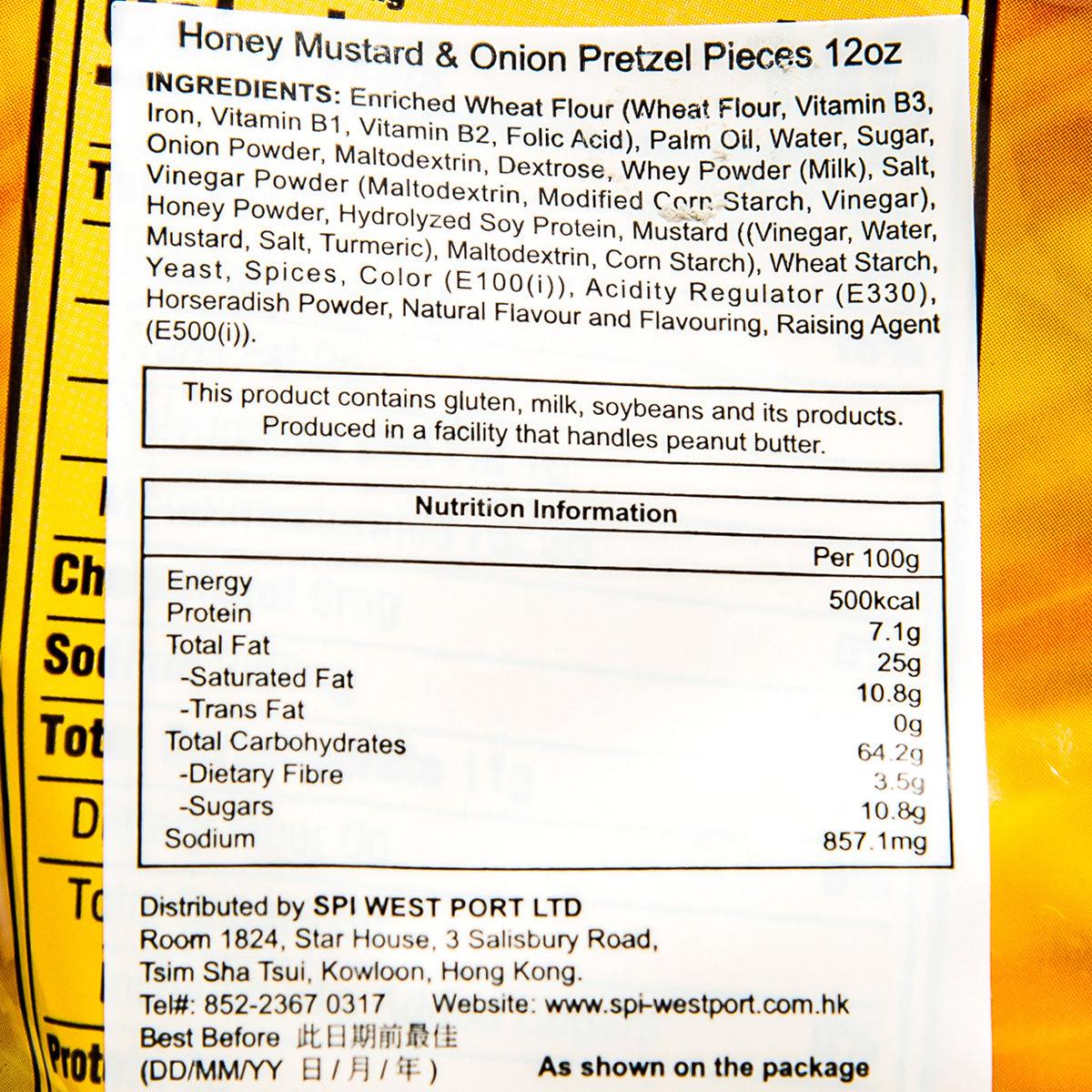Honey mustard & onion pretzel pieces ingredients and nutrition text close-up