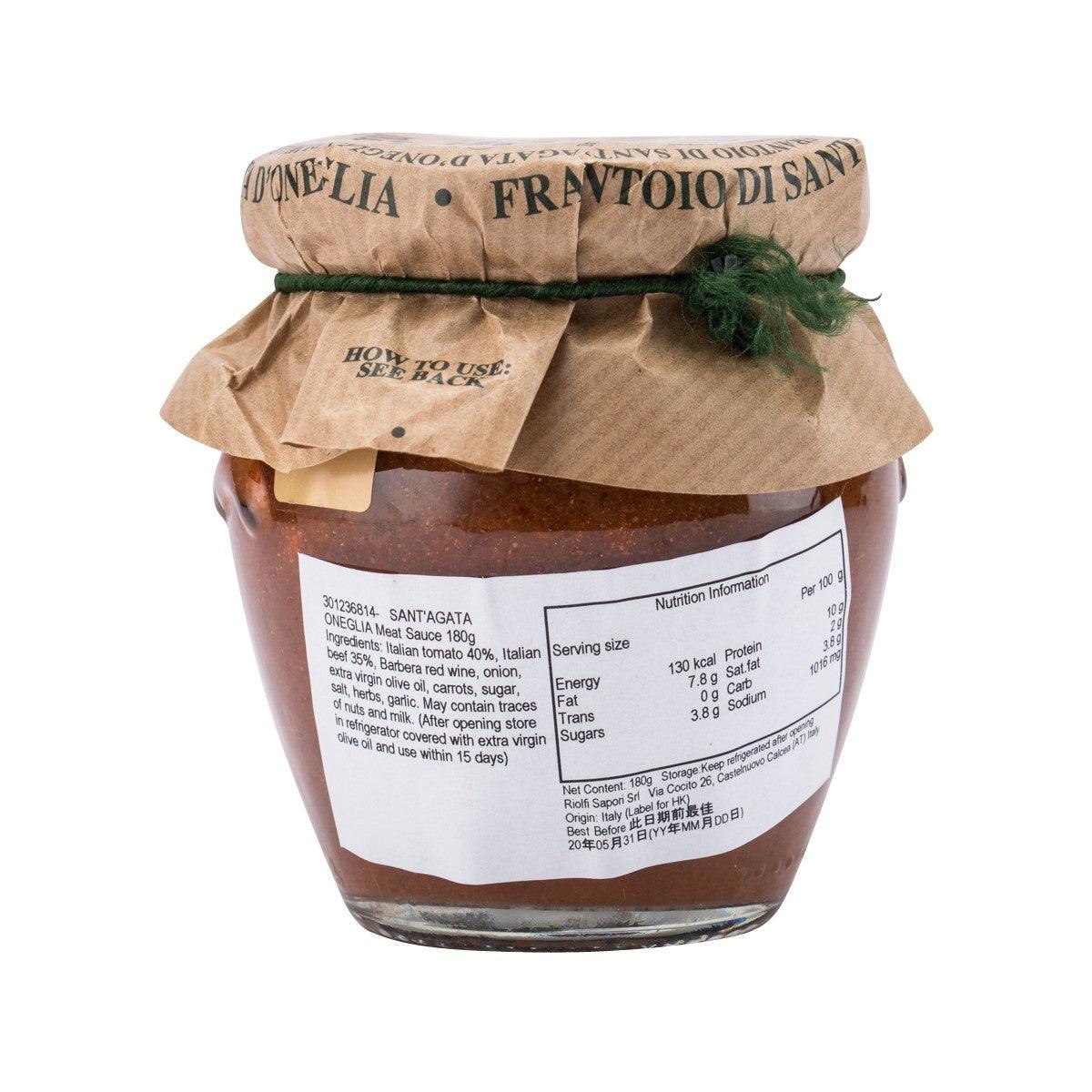 SANT'AGATA ONEGLIA meat sauce in glass jar with paper-wrapped lid, 180g