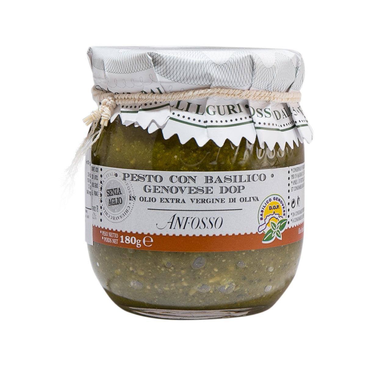ANFOSSO pesto sauce jar with basil PDO, glass jar with front label, 180g