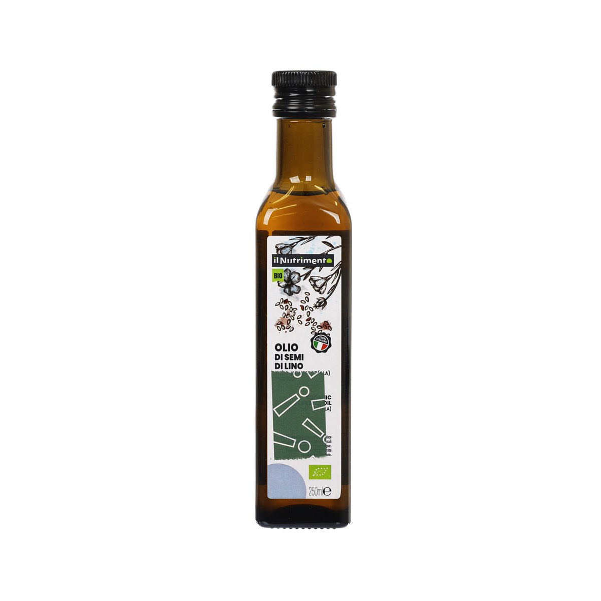 Organic flaxseed oil bottle with IL NUTRIMENTO label, amber glass, 250 mL