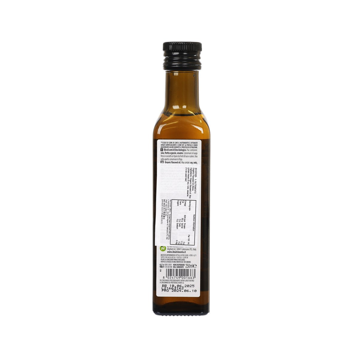 Organic flaxseed oil bottle with IL NUTRIMENTO back label and barcode, amber glass