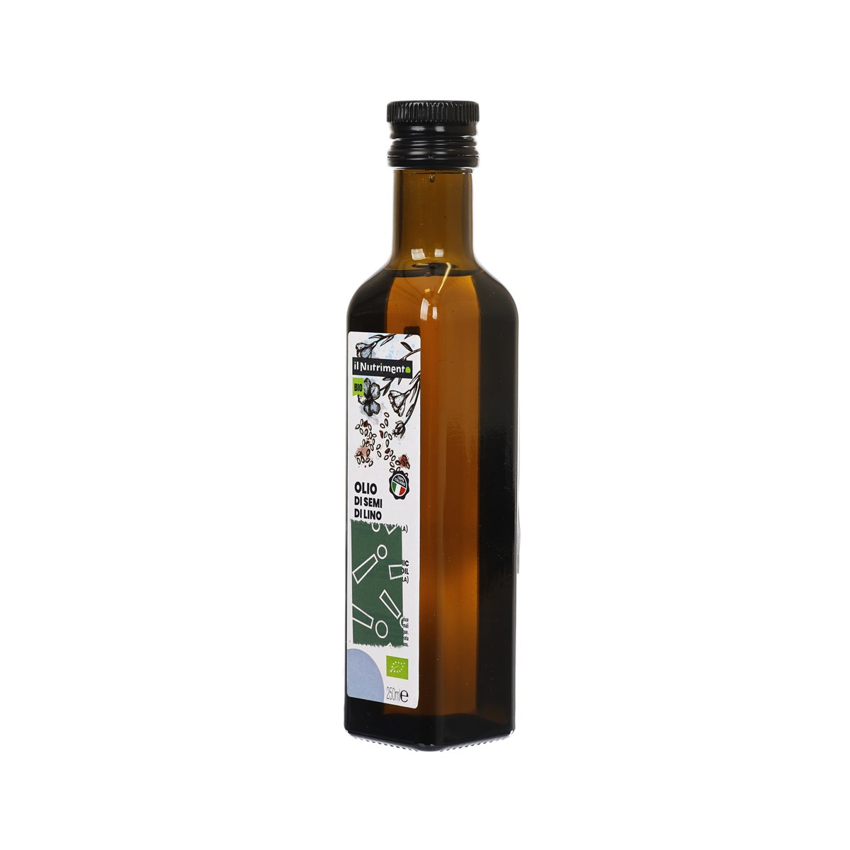 Organic flaxseed oil bottle with IL NUTRIMENTO front label, amber glass, 250 mL