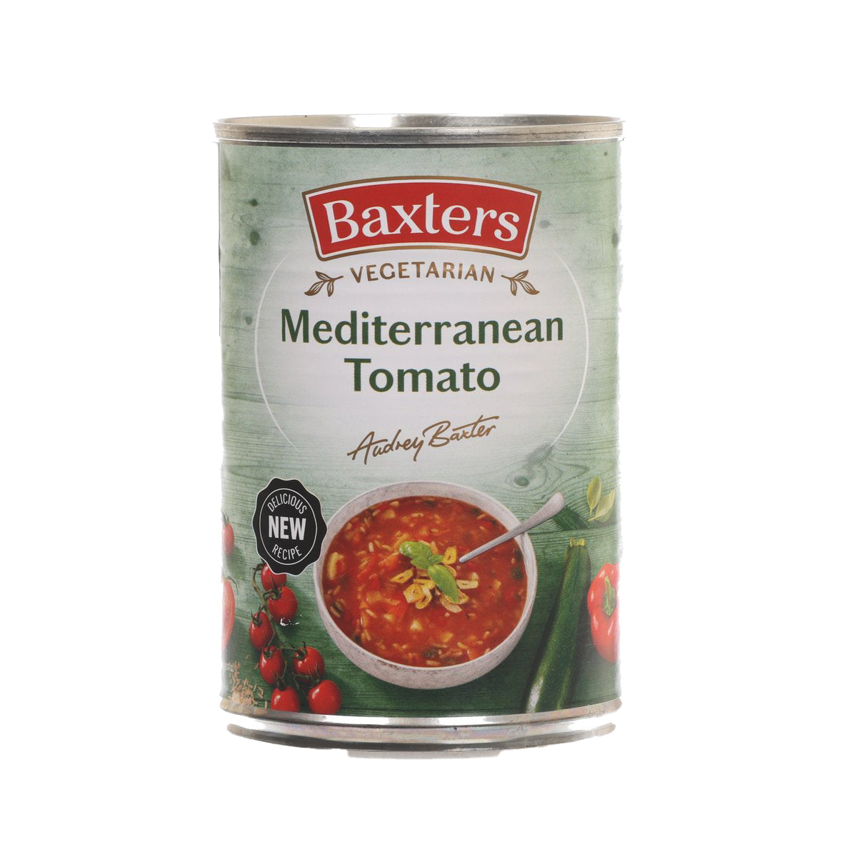 BAXTERS vegetarian Mediterranean tomato soup can with tomato bowl label