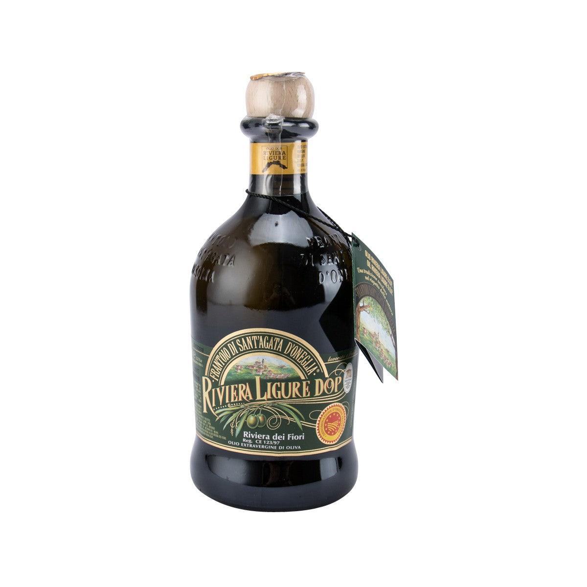 Extra virgin olive oil bottle, dark glass with front label and cork stopper, 500 mL