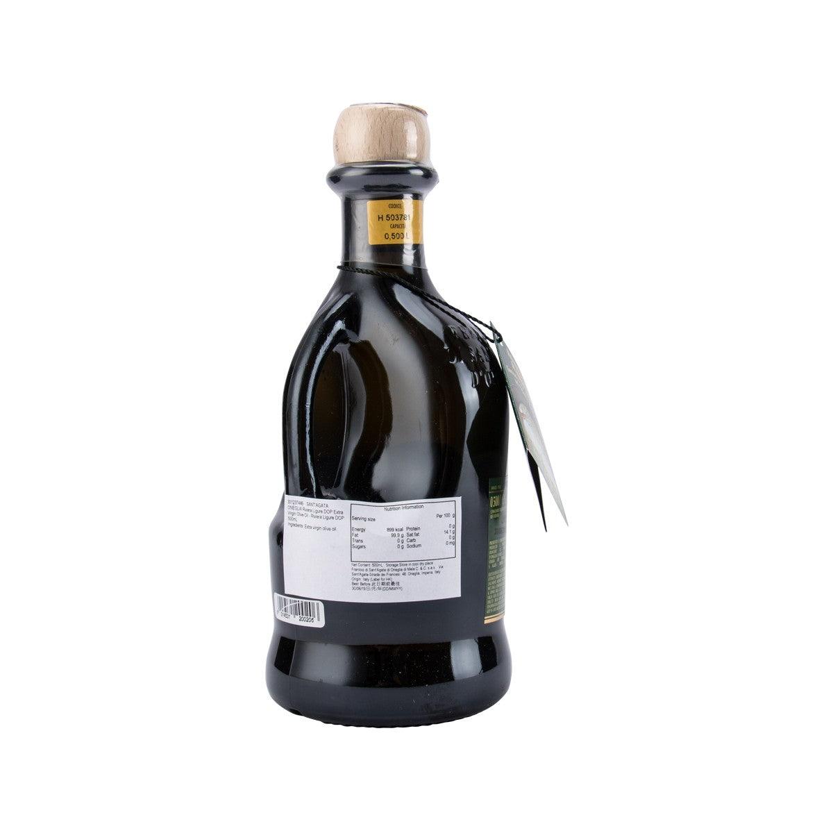 Extra virgin olive oil bottle, dark glass with back label and wire handle, 500 mL