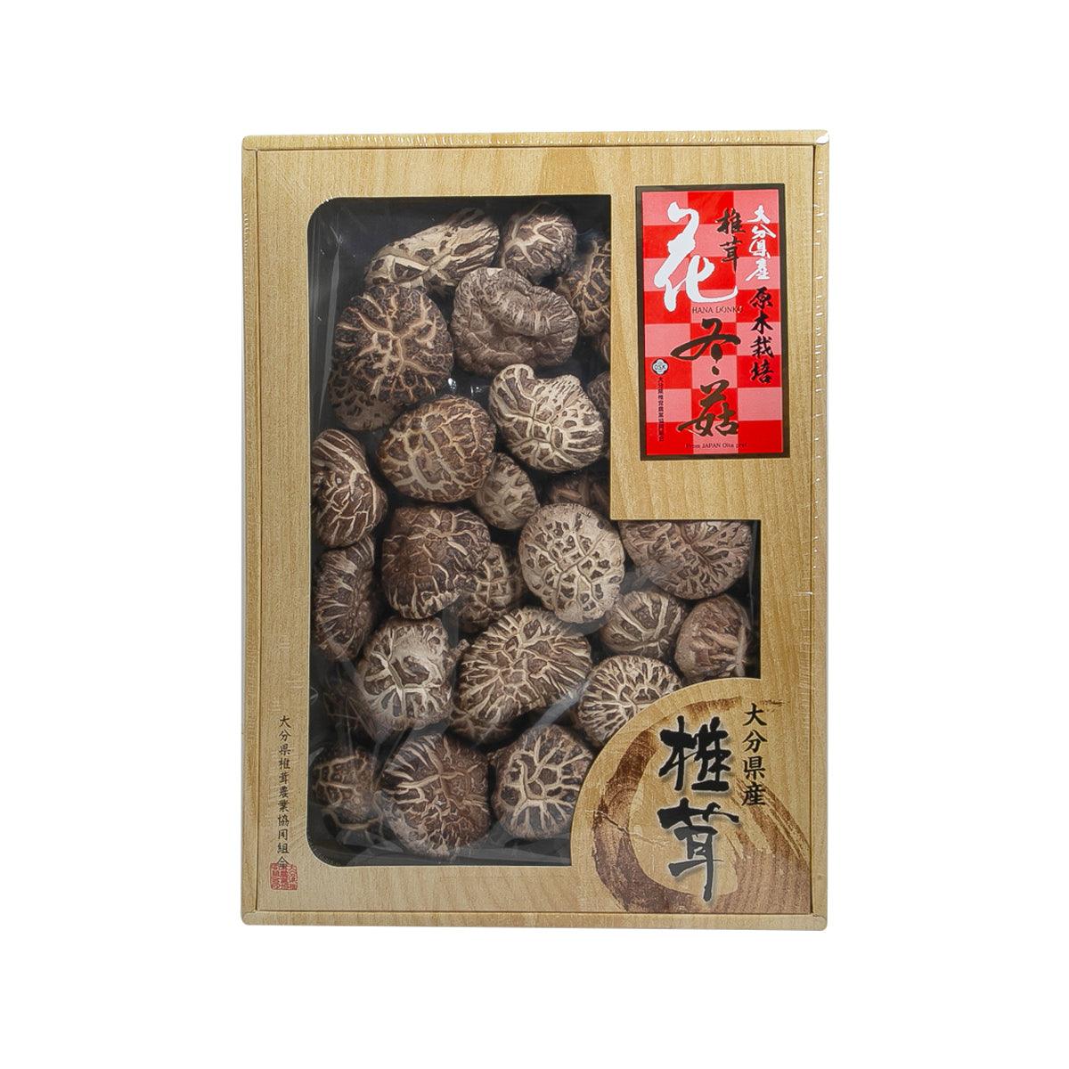 Wooden gift box of dried shiitake mushrooms with front clear window and label