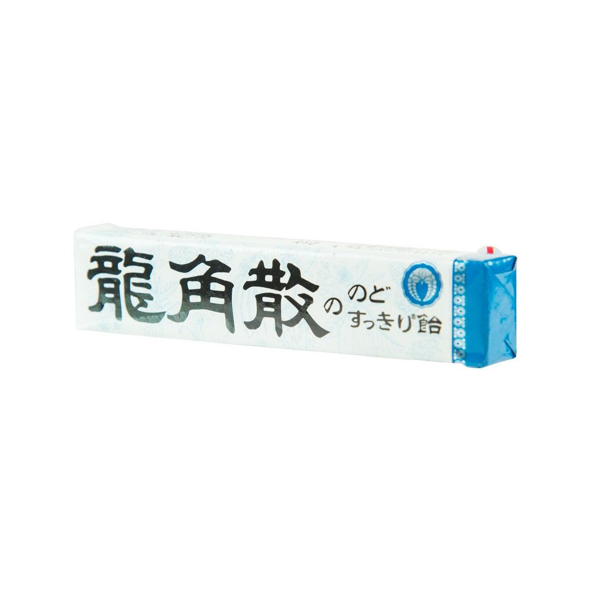 RYUKAKUSAN throat candy stick, white wrapper with blue sealed end, front view