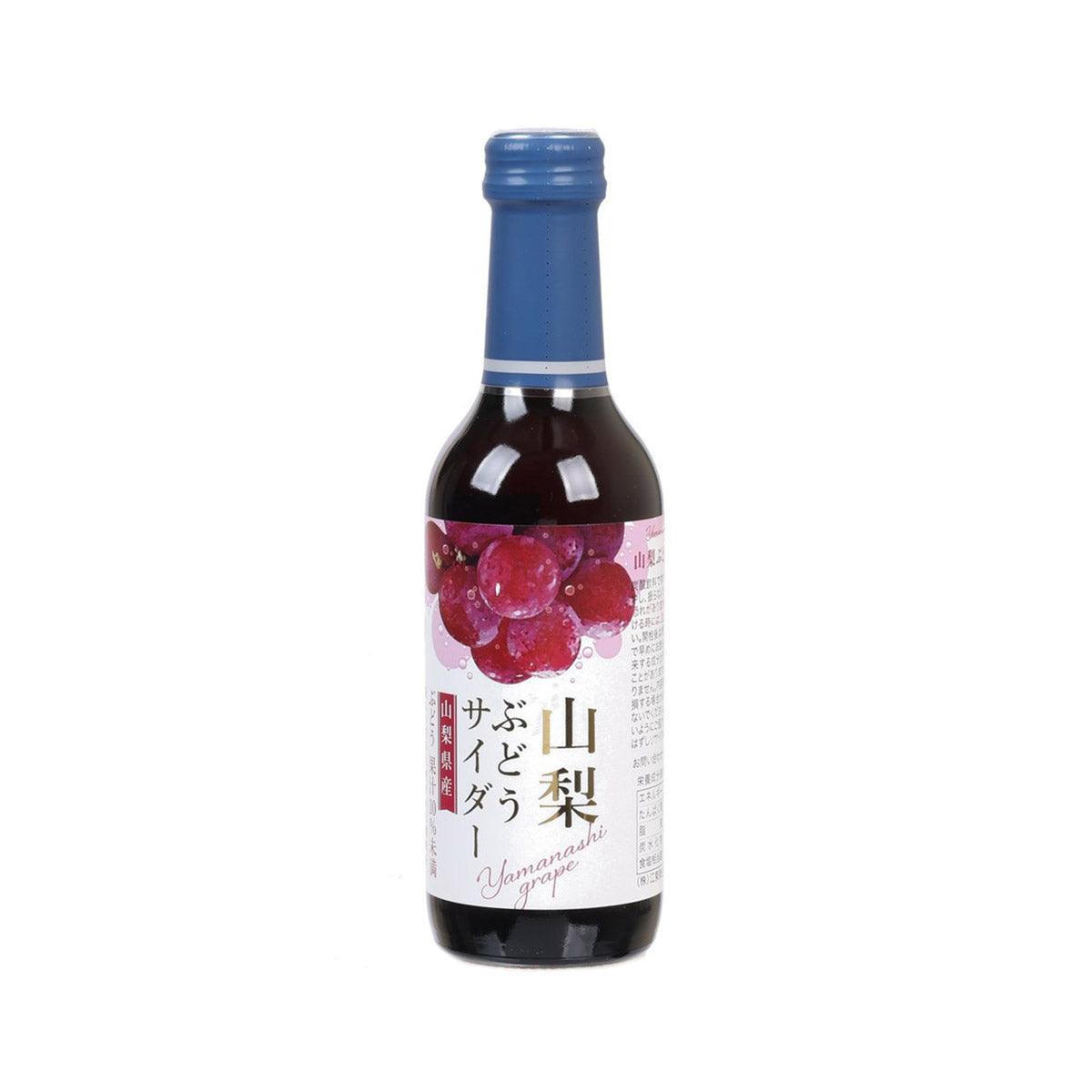 Yamanashi grape cider bottle with blue cap, dark glass, fruit-themed label