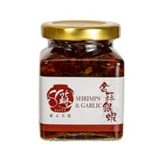 Shrimps & garlic sauce jar with gold lid and red label on front