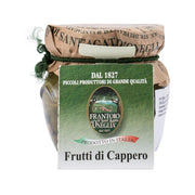 Whole capers in glass jar with green 'Frutti di Cappero' label